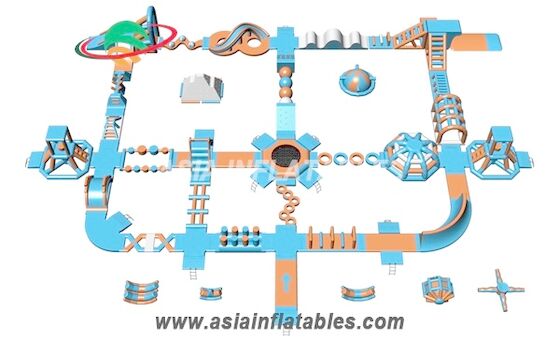 Lichtblauw en Sinaasappel de Kabelpark van 50 x 40 M Inflatable Floating Aqua Park Water Park For